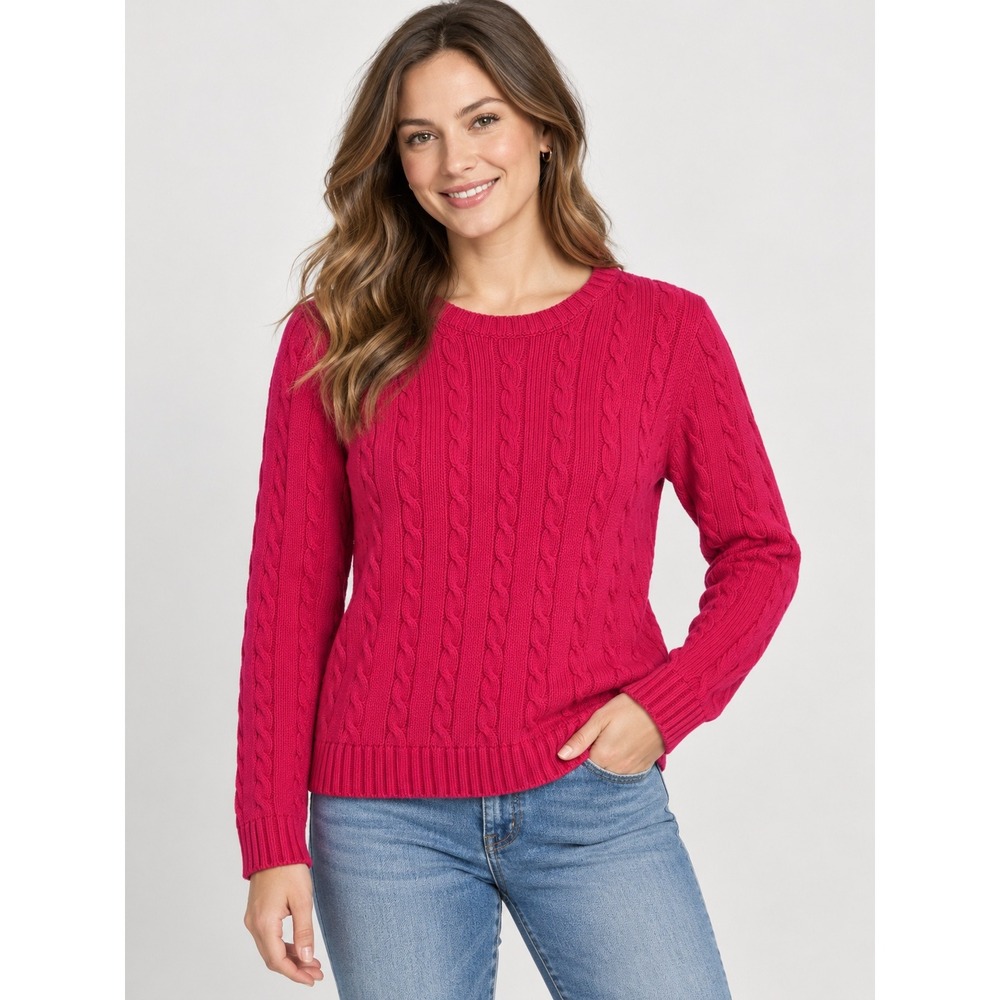 Vintage Lands End Cable Knit Sweater Womens Size Medium Pink Cotton Crew Neck
